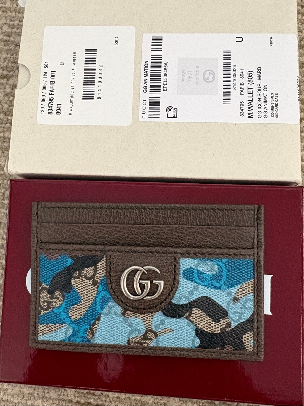 Gucci Blue & Brown GG Canvas Camouflage Card Case with Double G Hardware